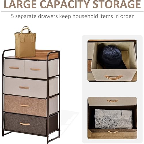 Miniatura 5 de HOMCOM Cómoda de tela de 5 cajones, organizador de almacenamiento de 4 niveles con marco de acero para pasillo, dormitorio y armario, gris