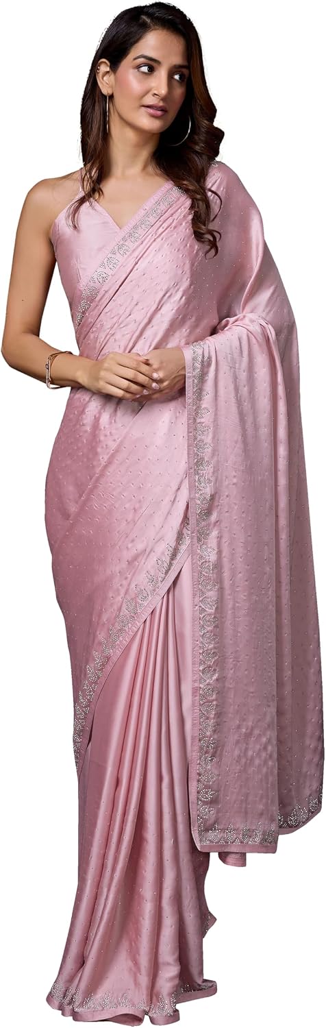 TRENDMALLS Women's Satin Silk Zarkan Work Saree with Unstitch Blouse Piece (K1094-Pink)