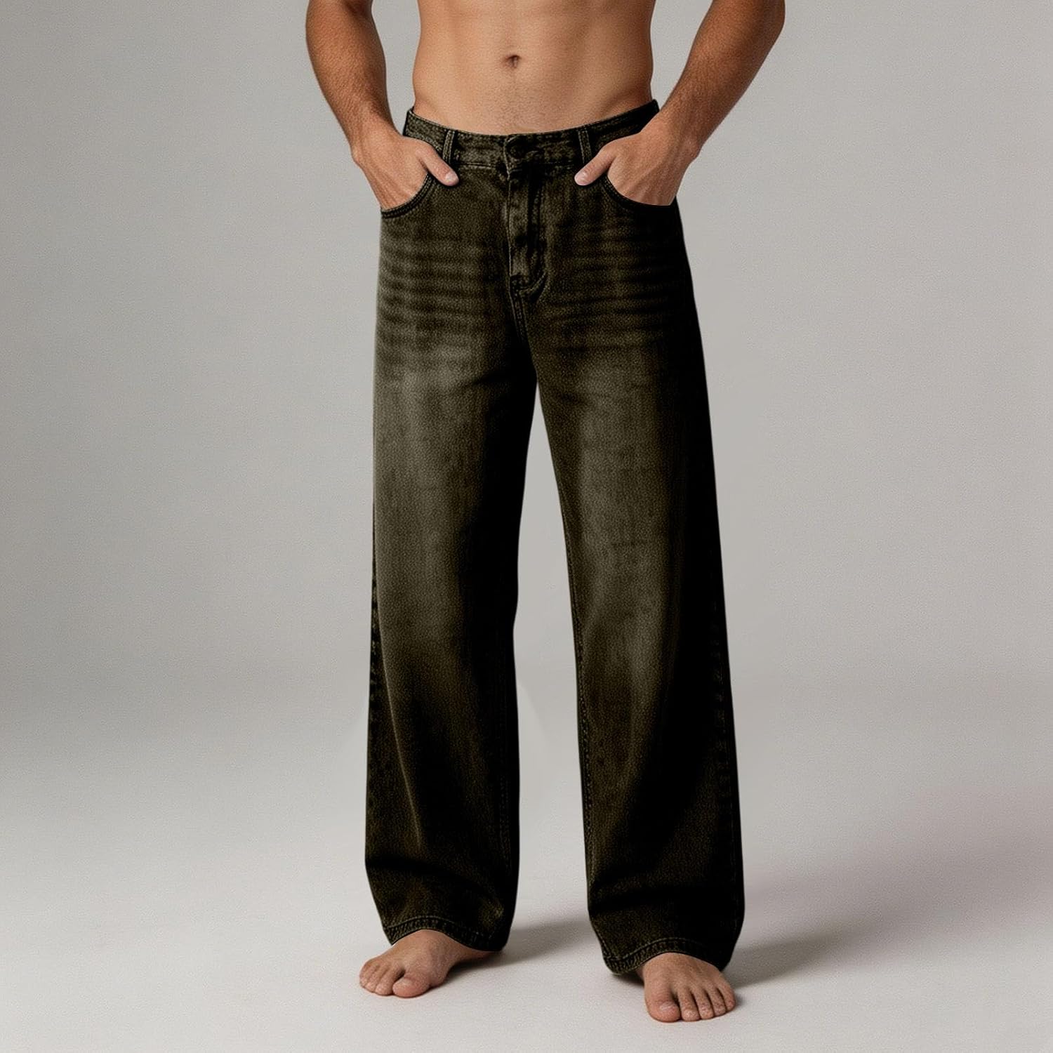 Men's Vintage Wide Leg Jeans Button Fly Loose Fit Comfy Denim Pants Fashion Street Casual Trousers with Pockets