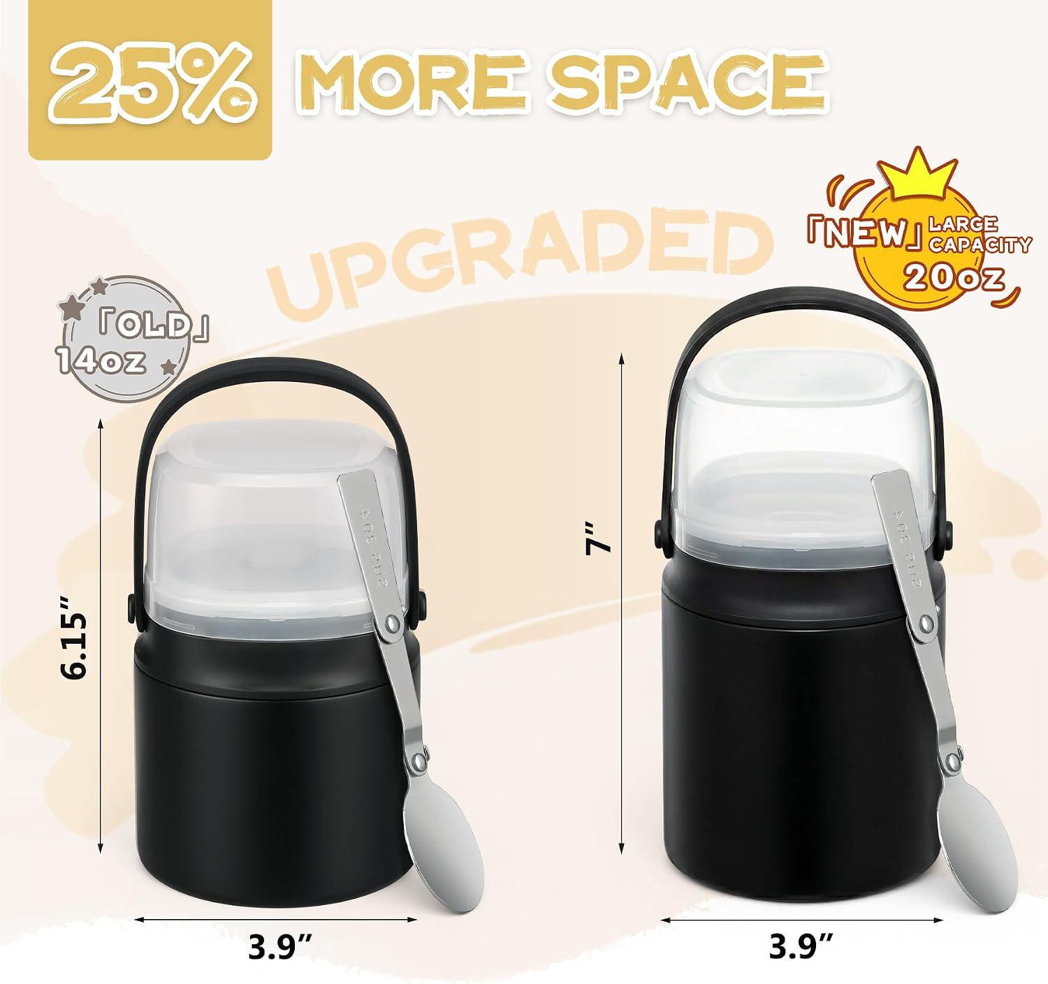 20oz Soup Thermo for Hot Food with a Snack Box Container，Leak Proof Insulated Lunch Container Kids and Adults，Stainless Steel Double Wall Vacuum Wide-mouth Food Jar with Spoon and Handle（Black） image 2