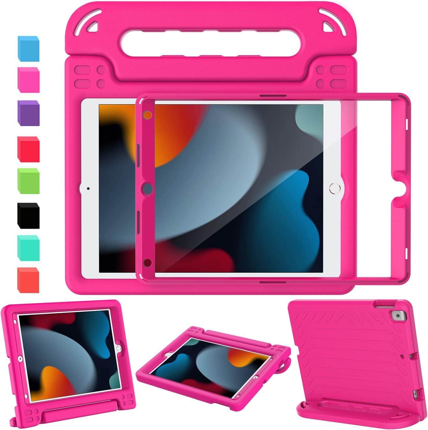 Case for iPad 9th Generation 2021/iPad 8th Generation 2020/iPad 7th Generation 2019, 10.2 Inch Kids ipad Cover Built-in Screen Protector, Shockproof Light Weight with Handle/Stand, Rose Pink