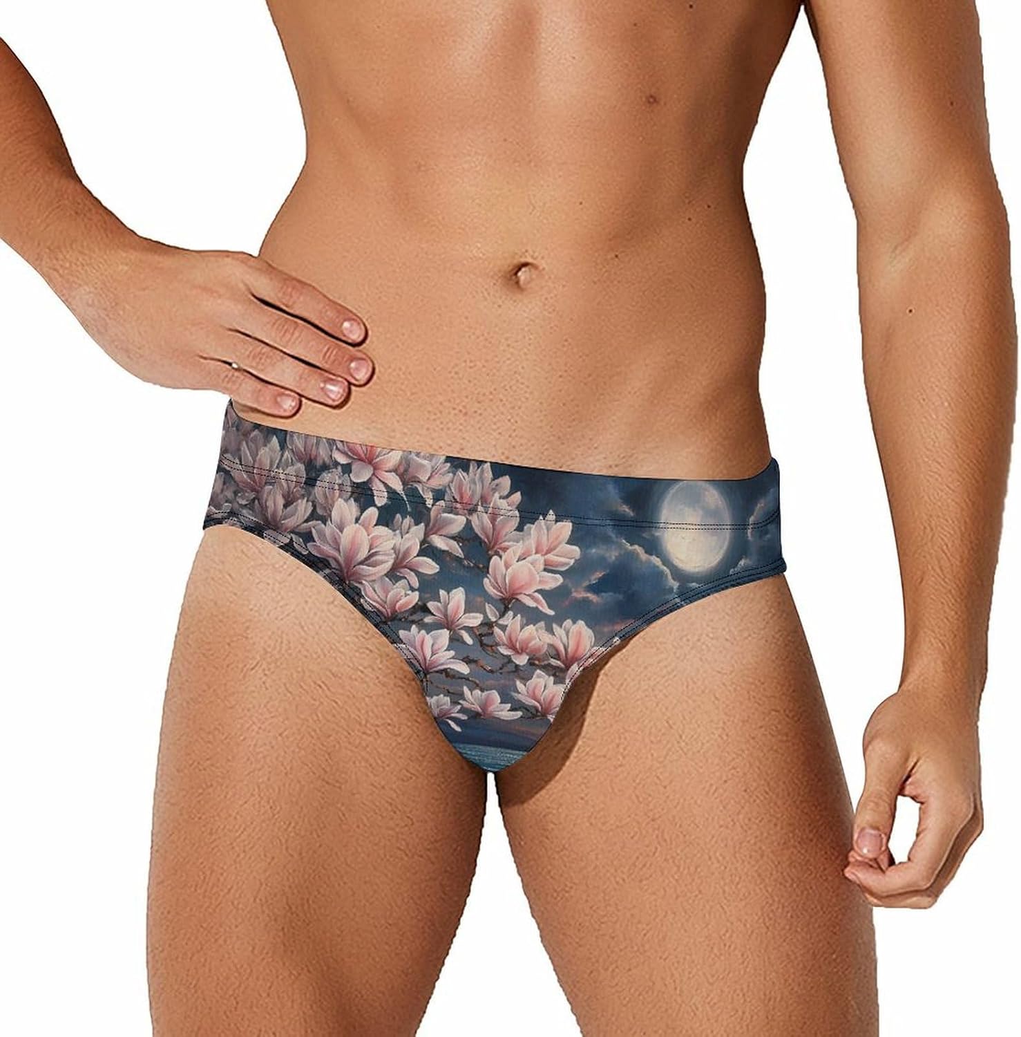 Magnolia Flower Full Moon Over Sea Mens Swim Trunks Swimwear Briefs Low Waist Swimsuit for Beach Sports