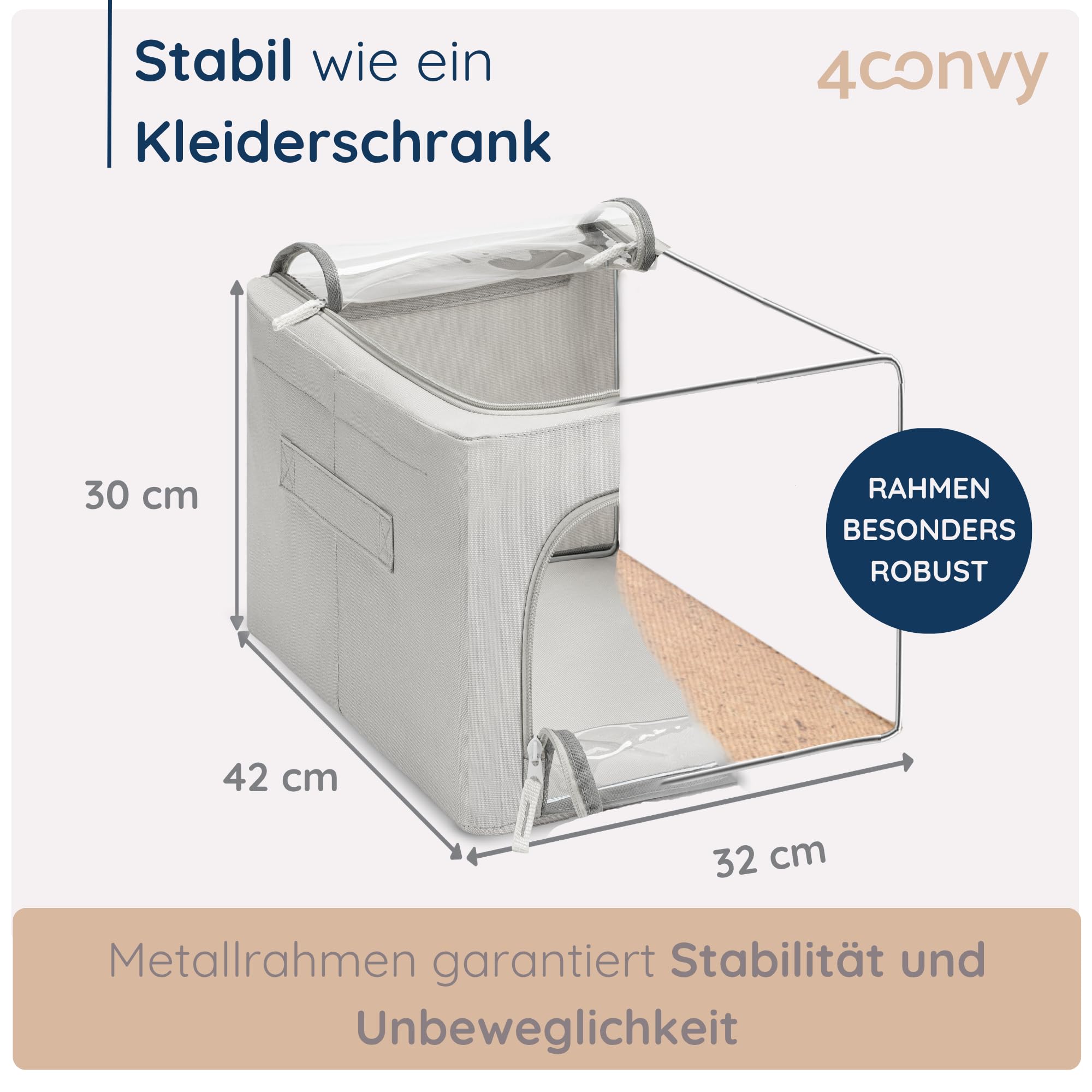 4CONVY feste faltbare Kleideraufbewahrung Box mit Metallrahmen, 2 transparente Fenster - [2024 VERBESSERTES MATERIAL] Aufbewahrungstasche für Bettdecken – stabile Aufbewahrungsbox für Kleidung - 3x40L