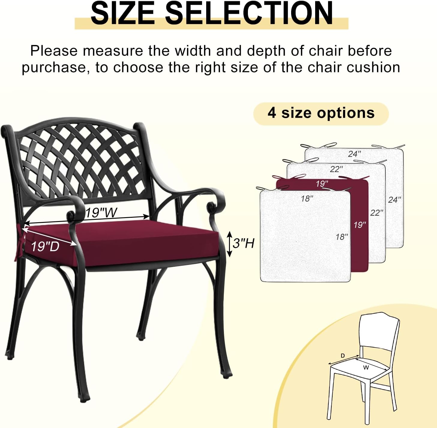 downluxe Waterproof Outdoor Chair Cushions Set of 4, 19" x 19" x 3" Patio Chair Cushion with Non-Slip Ties & Handle, Square Outdoor Cushion for Patio Furniture with Removable Cover, Burgundy