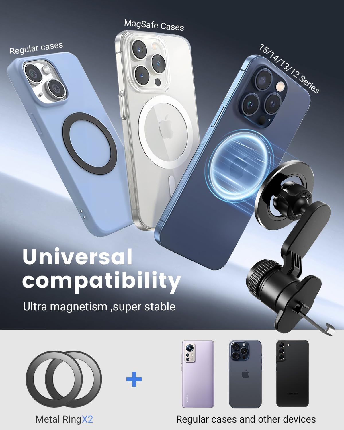 Vent Phone Holder for Your Car, Magnetic Air Vent Mount 360° Rotatable with Metal Ring, One-Hand Use for iPhone 16/15/14/13/12 (4.3-7.6") Non-Blocking View