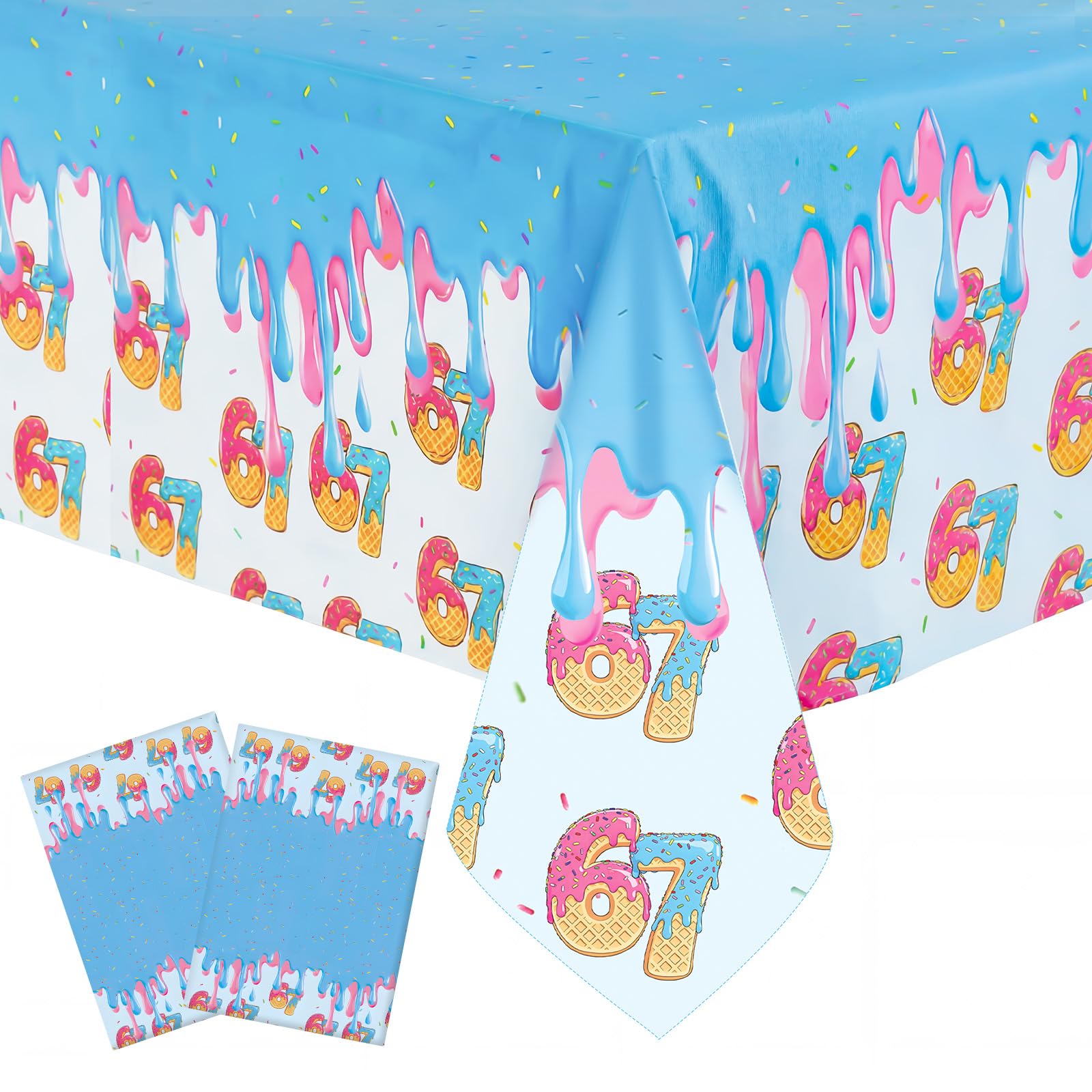 Fukaisu 2pcs 6-7 Birthday Tablecloth, 108x180cm/43x71in PE Colorful Party Table Cover with Sprinkles & Dripping Icing Design for Boy Girl Kids Birthday Decorations & Dessert Themed Parties