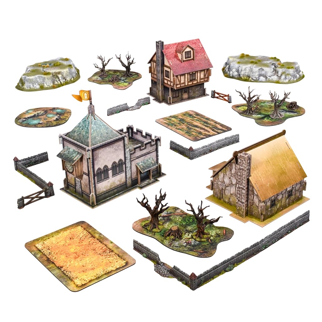 mantic Terrain Crate Fantasy Battlefield Pack | Complete 6x4 Table Terrain Set | Card Buildings, Plastic Hills, Walls, Trees & Neoprene Templates | Compatible with Warhammer AoS, Kings of War & More
