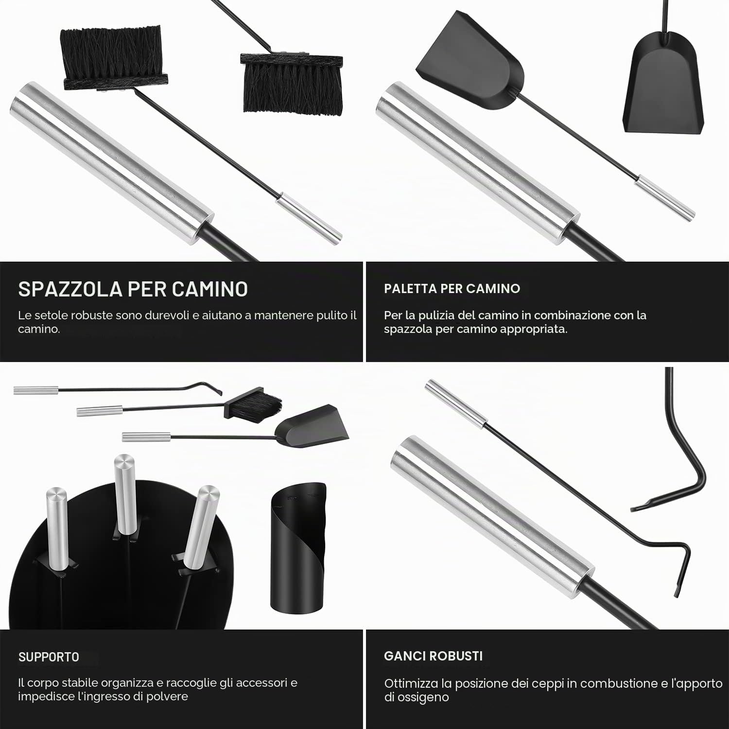 Randaco set di attrezzi per camino nero moderno, 4 pezzi in acciaio inossidabile, con pala, scopa, attizzatoio, supporto da appendere per cucina, casa, arredamento, accessori decorativi, set per la