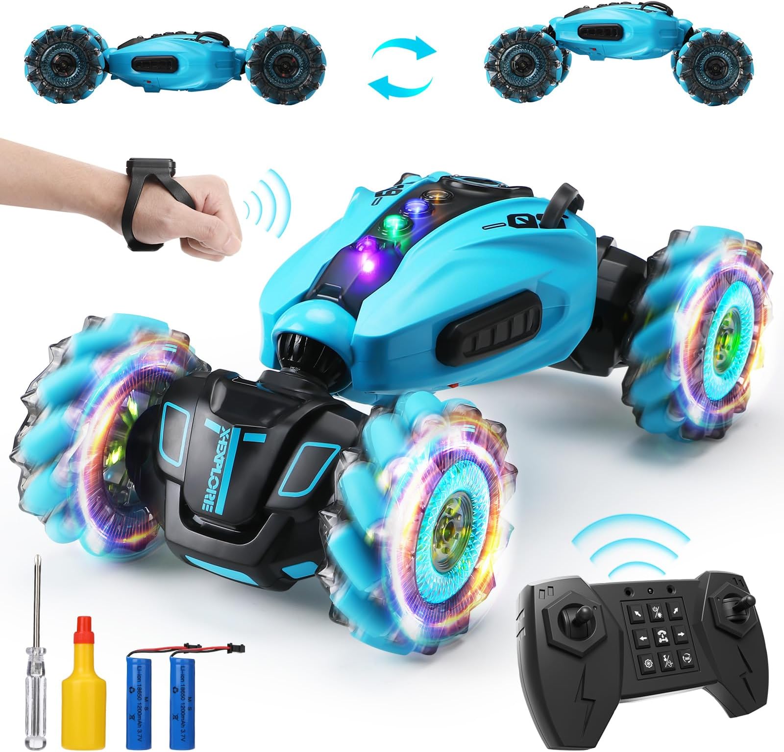 zootop Remote Control Car 2.4GHz RC Stunt Twist Car for Kids Transforming Gesture Racing Crawler Double Sided 360 Rotation RC Cars Toy with Lights Spray Music and 2 Rechargeable Batteries for kids