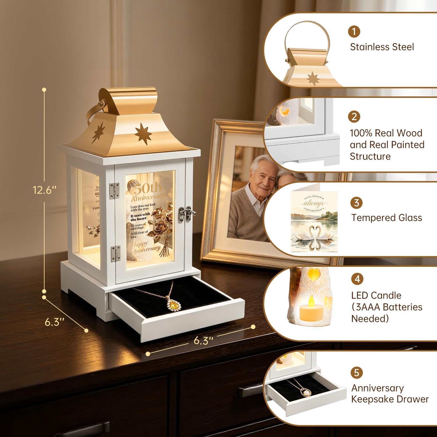 50th Anniversary Wedding Gifts for Couple Parents, 50th Wedding Anniversary Lantern with Keepsake Drawer for Him Her Huband Wife - Husband and Wife Hugging Figurine Lantern