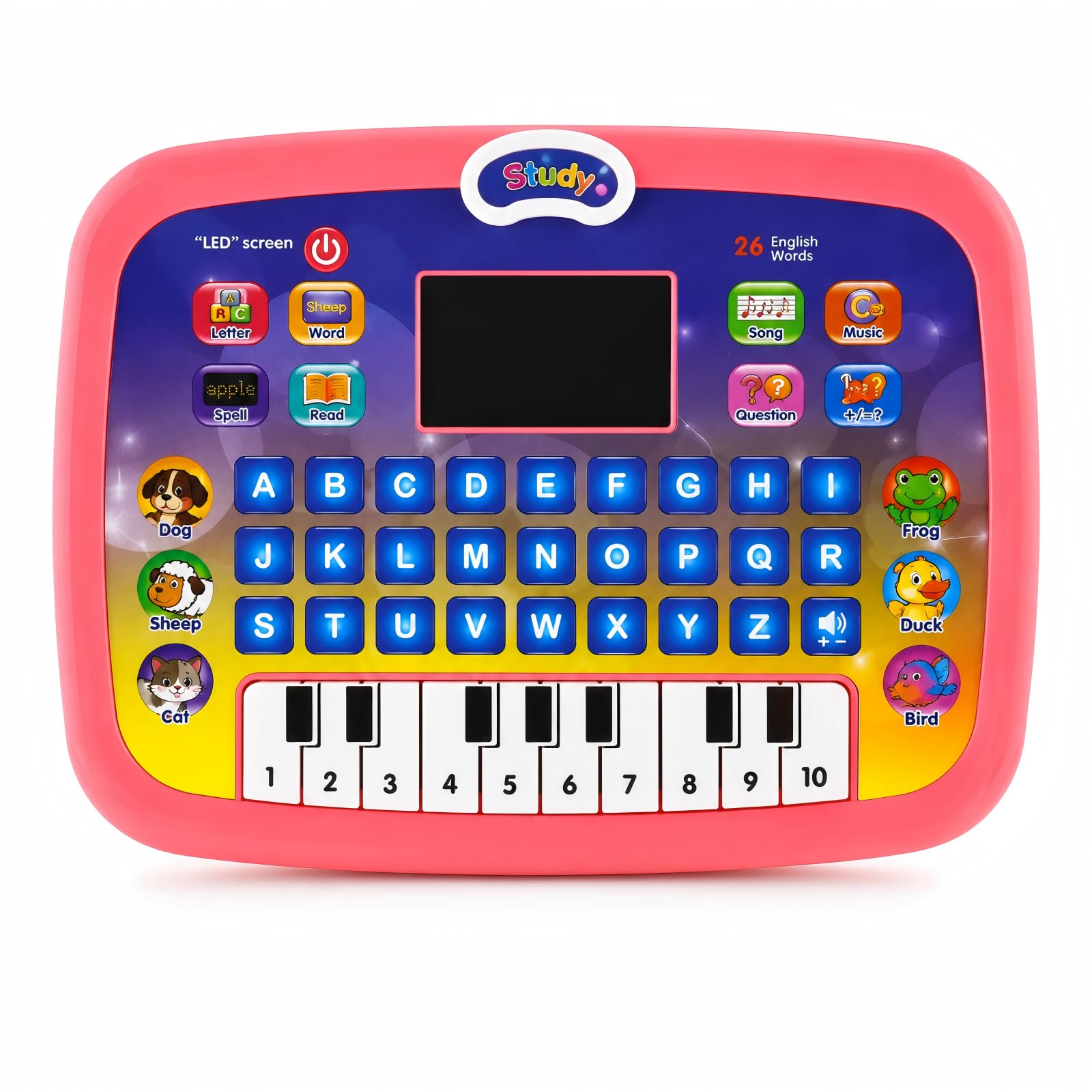 Kids Educational Computer Toy, Interactive Learning Laptop with LED Screen, Letters, Words, Numbers & Music, Pre-School Learning Toy with Piano Keys for Boys Girls Age 3+ English Version（Pink）