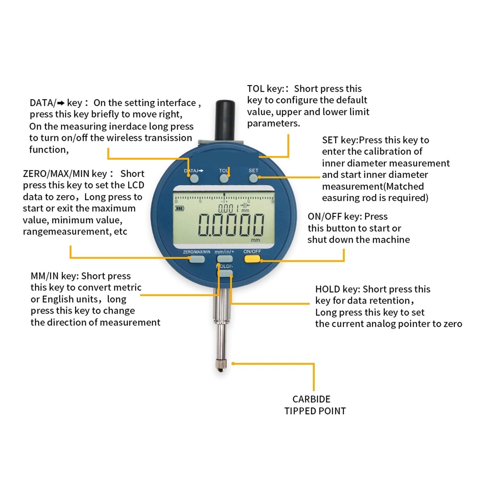 Bezprzewodowy wskaźnik cyfrowy Rozdzielczość 0,5 μm Elektroniczny IP54 0-12,7/25,4 50,8 mm Z akumulatorem,Przyrząd Pomiarowy(0-12.7mm 1)