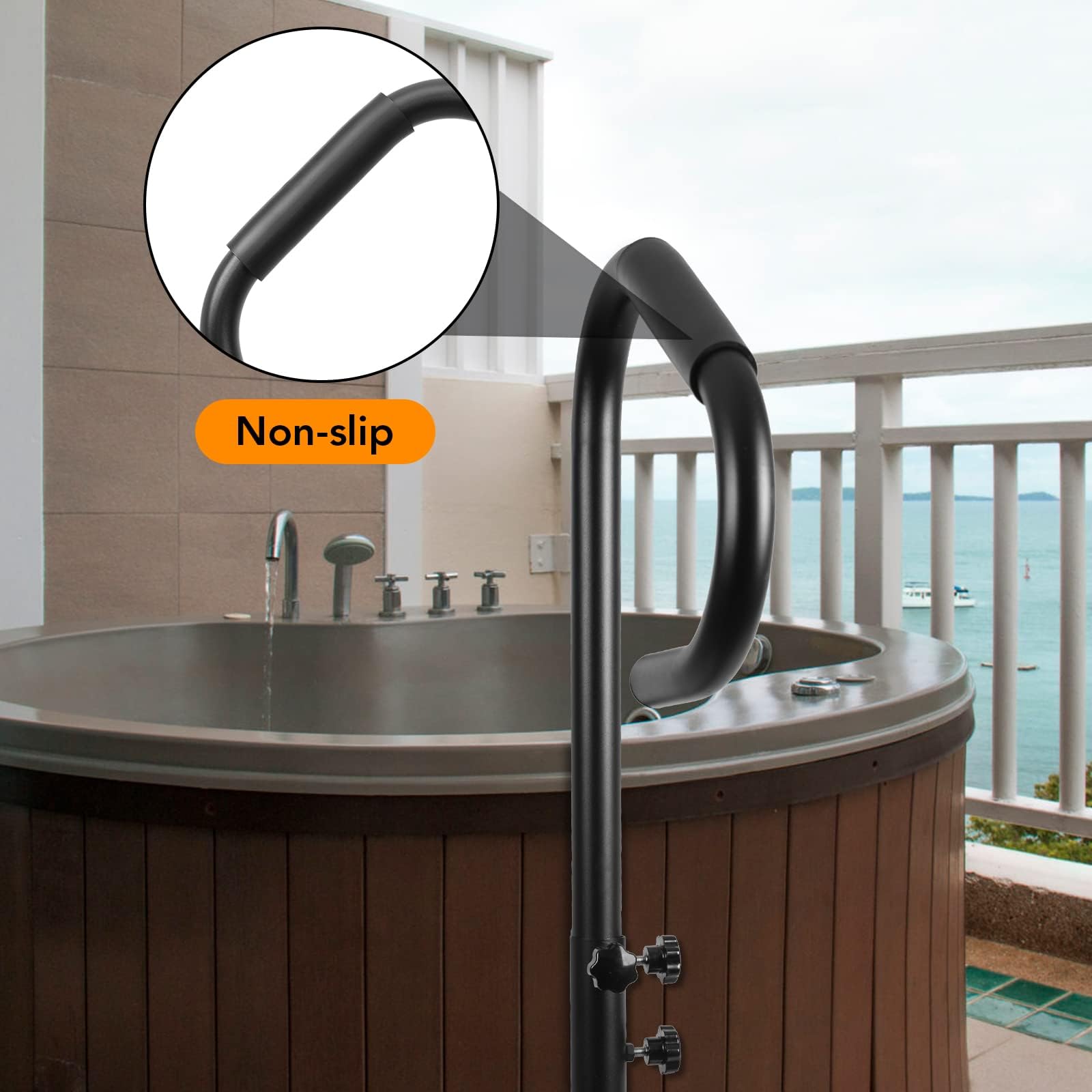 Garvee Sécurité renforcée pour spa et bain à remous – Main courante rotative 360°, hauteur réglable 89-142 cm, capacité 272 kg, poignée antidérapante, base stationnaire à glisser sous le spa