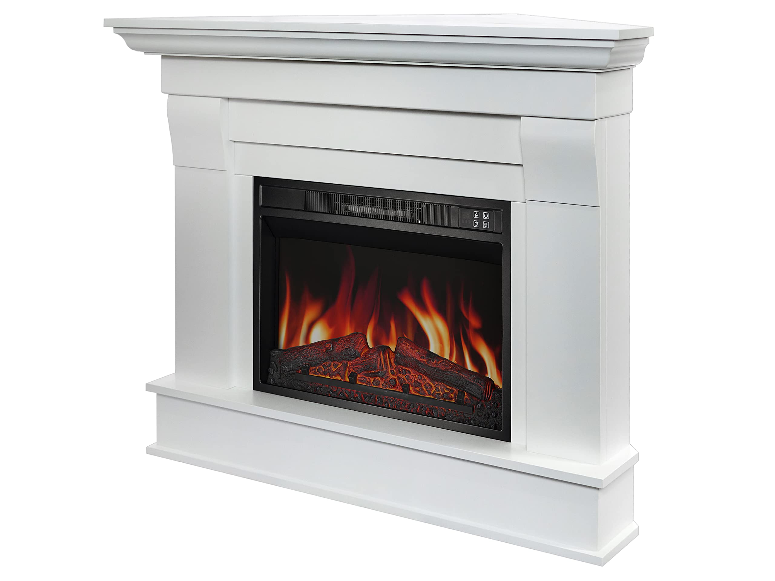 Cheminée d'angle debout électrique avec chauffage ALBION AF23S LED BLANC avec son, 12 modes de chauffage, minuterie, véritable effet flamme, 3 niveaux de luminosité, télécommande