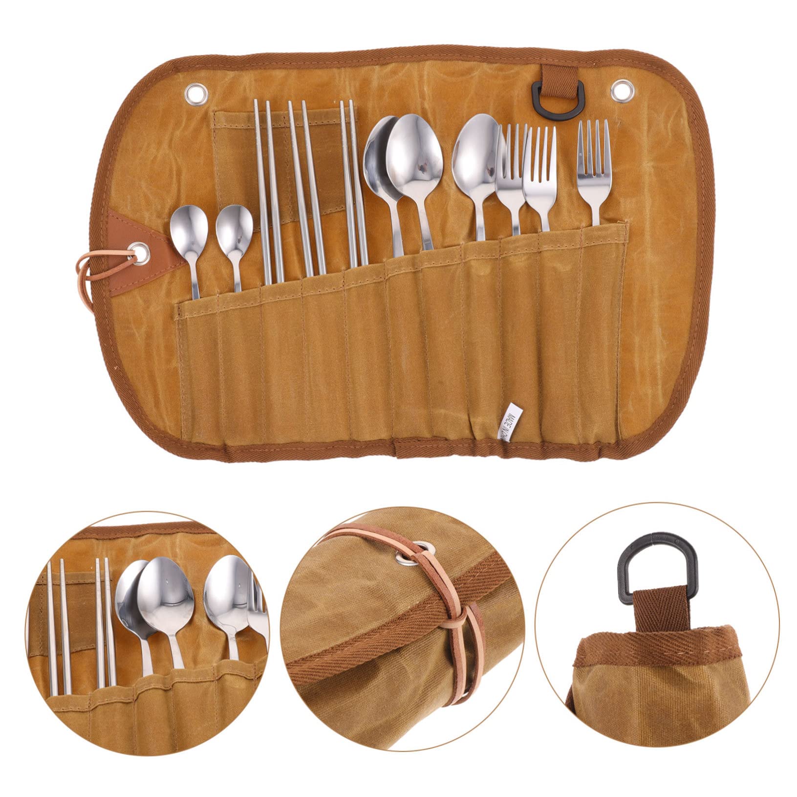 BESTonZON Camping Besteckset aus Edelstahl und Nylon mit Canvas Tasche Sichere und Ordentliche Aufbewahrung für Outdoor Nutzung und Indoor Lagerung mit Integriertem Fach