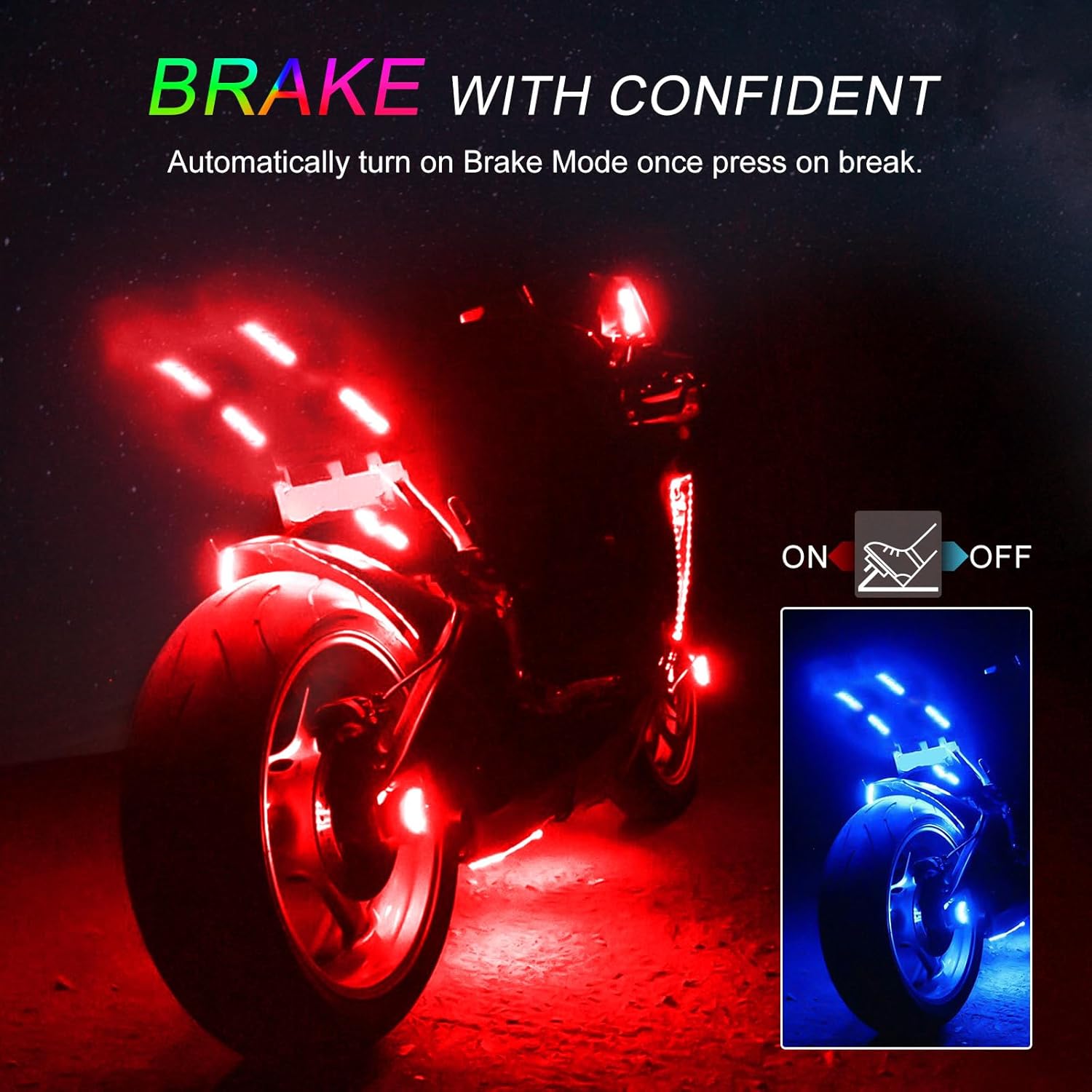 Motorcycle LED Underglow Kit, ICICAR 12 Pcs APP Control RGB 16 Million Color Dual Remote Music Mode IP68 Waterproof Led Lights, Motorcycle Lights with Power Switch