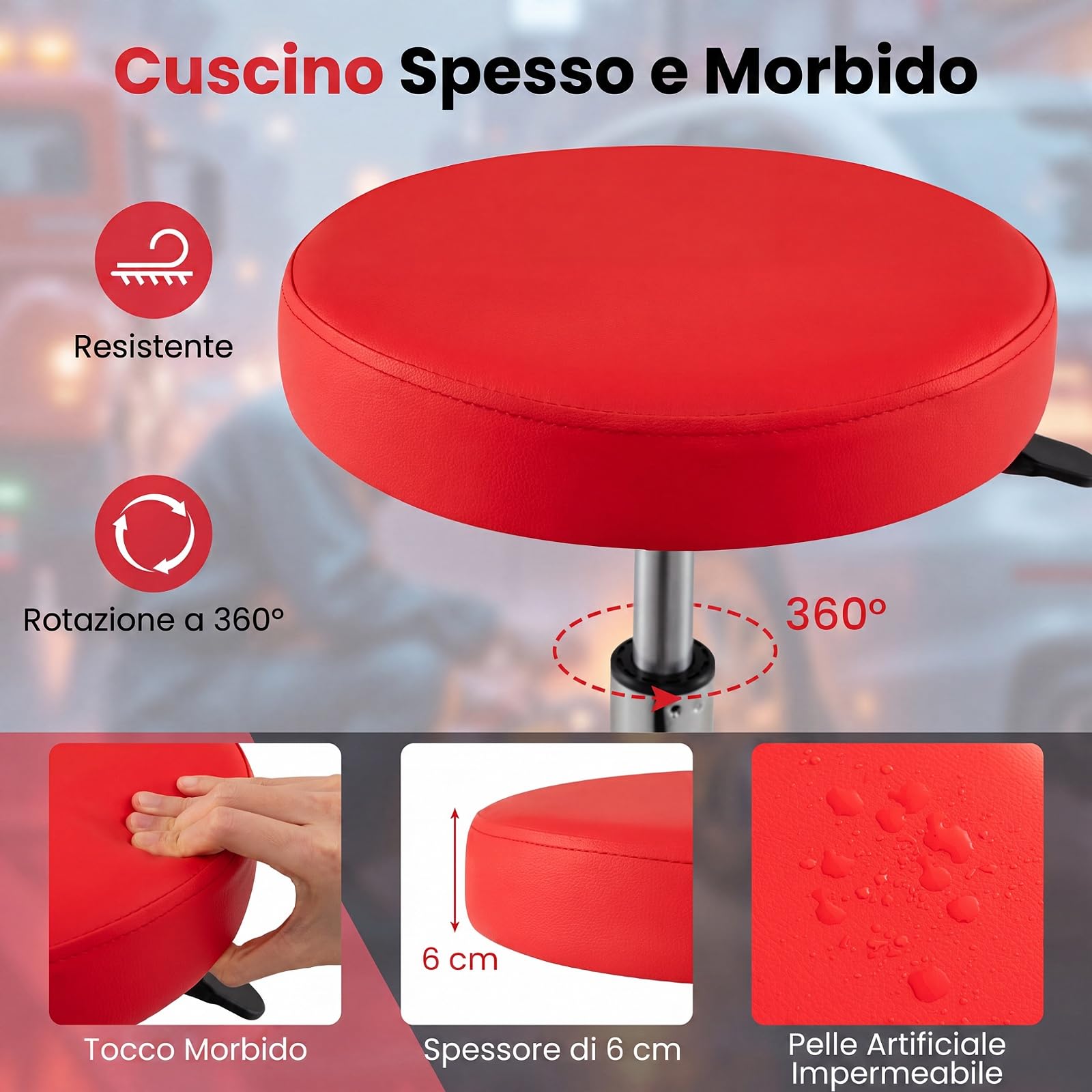 COSTWAY Sgabello da Officina con Vassoio Porta Attrezzi, Portata 150 kg | Sedia da Lavoro con Ruote, Altezza Regolabile e Girevole a 360°, Sedia da Meccanico per Garage e Officina