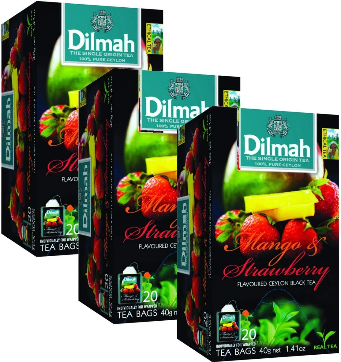 Mango and Strawberry Flavored Ceylon Black Tea - 20 Tea Bags X 3 Pack - Sri Lanka Ceylon Dilmah Mango Strawberry Tea Real Tea_AB