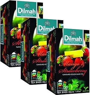Dilmah Mango and Strawberry Flavored Ceylon Black Tea - 20 Tea Bags X 3 Pack - Sri Lanka Ceylon Dilmah Mango Strawberry Tea Real Tea