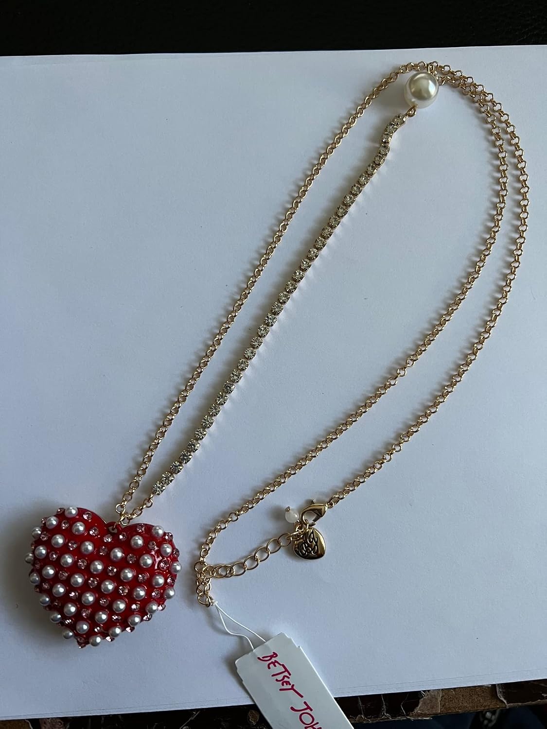 Betsey Johnson XOXO Pearly Red Heart Long Crystal Gold Tone Necklace Great Valentine's Day Gift Idea Love Birthday Present XMAS Gifts