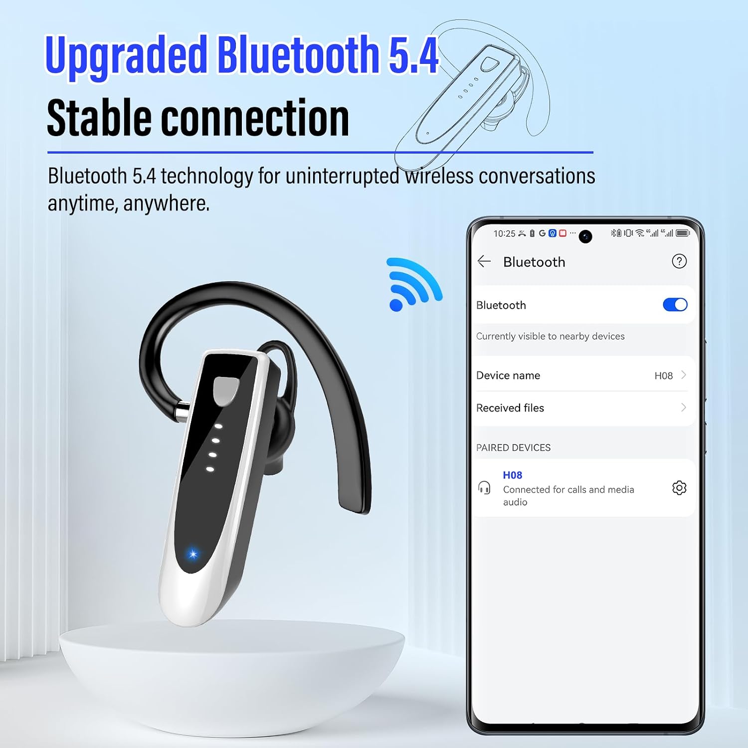 Atheewon Bluetooth Earpiece, Wireless Handsfree with Noise Cancelling Mic, 20Hrs Call Time Bluetooth 5.4 Headset, 180 Hrs Standby Time Headset for Business/Trucker/Driver, Bright Silver