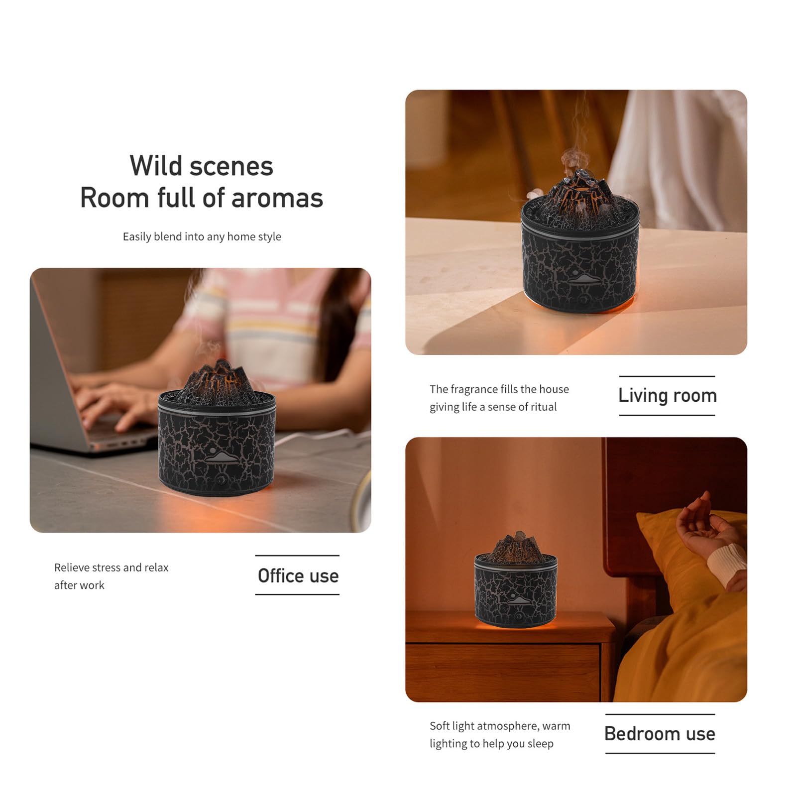 Diffusore di oli essenziali, umidificatore diffusore d'aria a fiamma, diffusore per aromaterapia a fiamma (Nero)