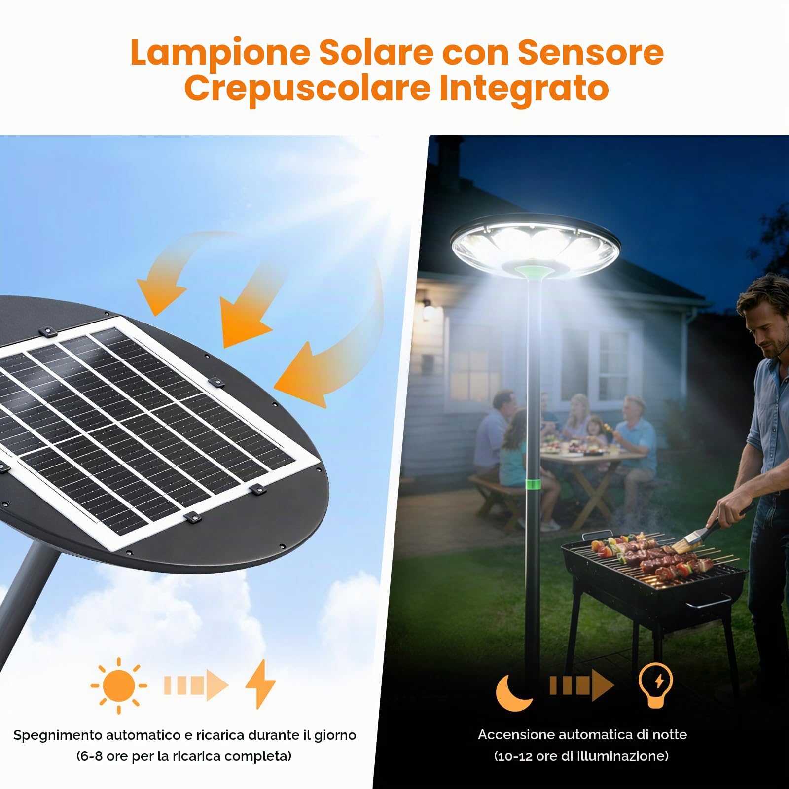 Lampione solare per esterni aretto solare LED 75W luce di sicurezza | con sensore di movimento e palo alto 240cm, base riempibile d'acqua lampade solari per giardino parcheggio cortile garage