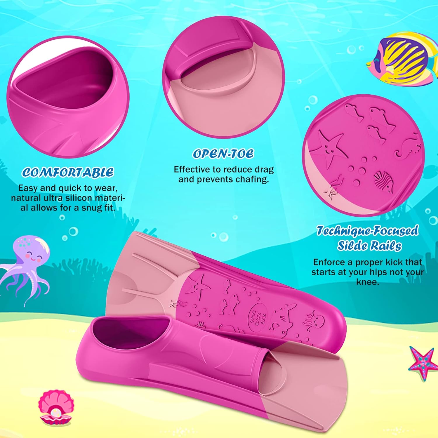 gintenco swim fins, kids swim training fins for lap swimming, travel size flippers with mesh bag, silicone swimming fins for kids teens adults women men pink2 xxs(jr 11-12.5)