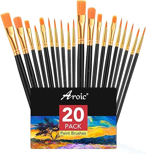 AROIC Juego de pinceles de pintura acrílica, 2 paquetes20 cepillos de pelo de nailon para todo uso, pintura al óleo, acuarela, pintura, kits