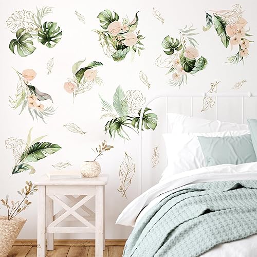 Green Leaves Wall Decals Gold Line Leaves Wall Stickers Tropical Palm Leaf Wall Decals Peel and Stick Watercolor Botanical Plant Wall Art Murals