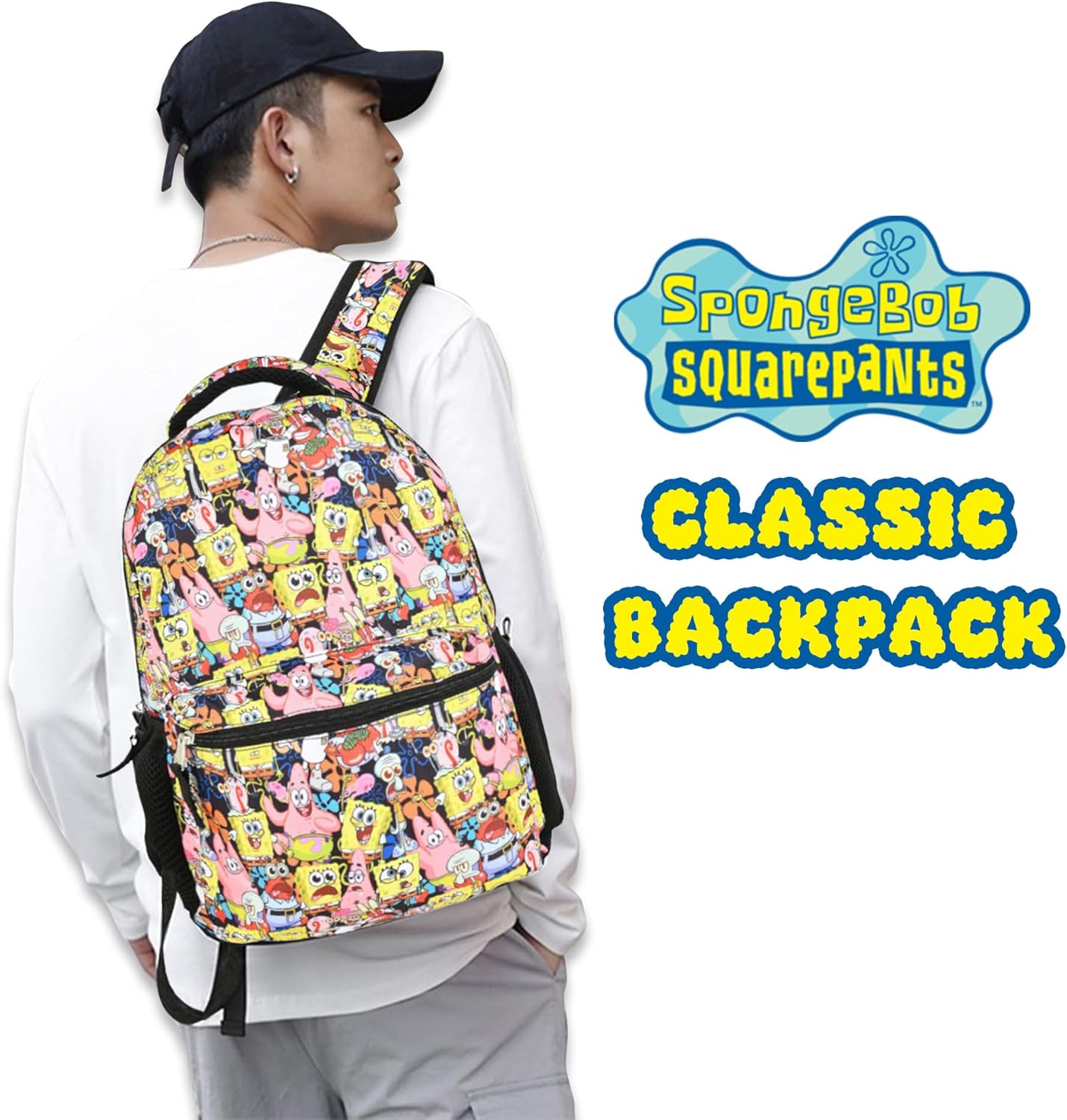 Nickelodeon SpongeBob Backpack for Kids - Officially Licensed SpongeBob SquarePants, Mr. Krabs, Squidward, Plankton Bookbag for Boys and Girls Kids and Adults - Laptop and Lunchbox Compartment