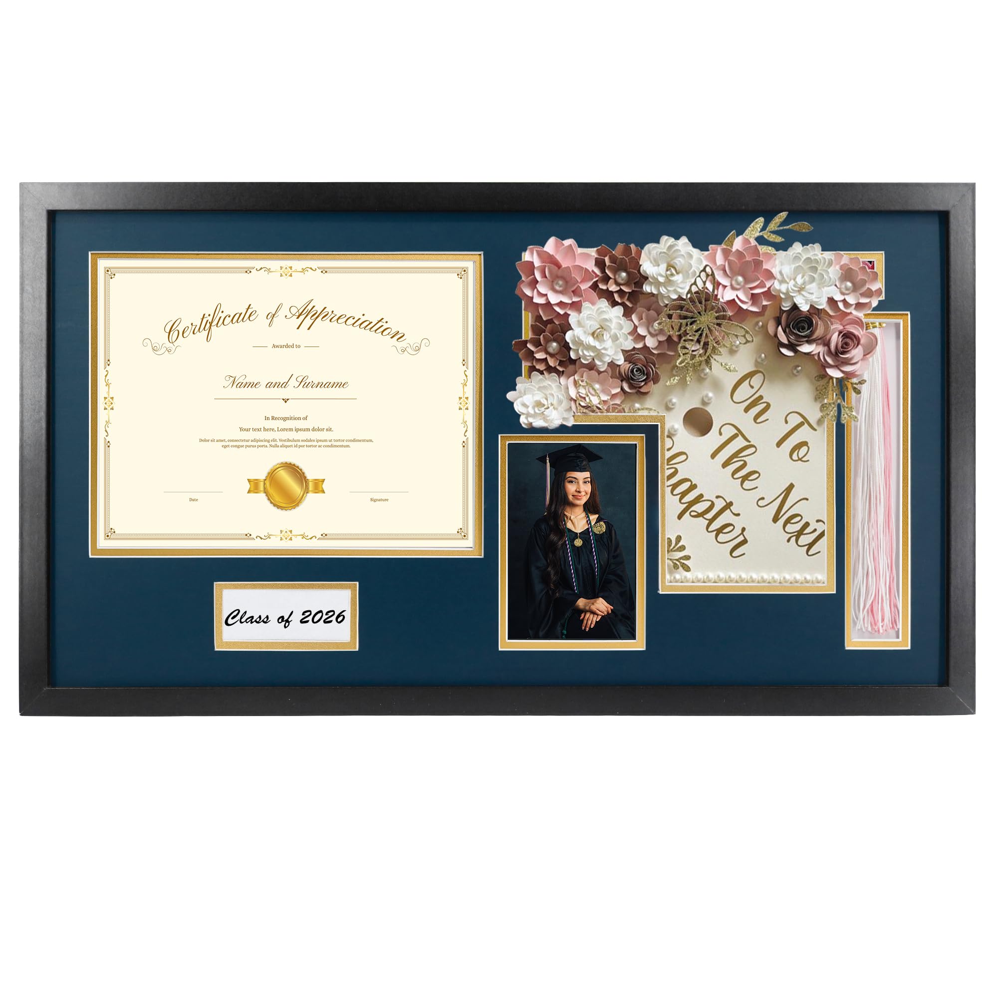 Diplomrahmen mit Abschlusskappe und Quastenhalter, für 21,6 x 27,9 cm große Diplome und 10,2 x 15,2 cm große Fotos mit MDF-Holz und Plexiglas, marineblau über goldfarbener Matte für Wand,