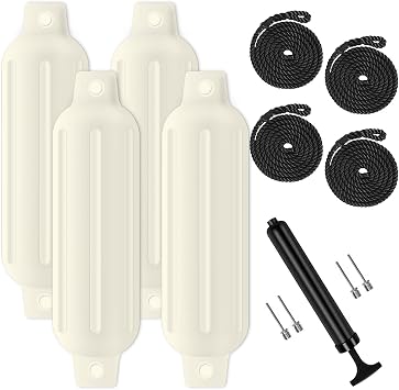 Boat Fenders 4 Pack, Ribbed Twin Eyes Boat Fenders Bumpers for Docking, Inflatable Marine Boat Bumper with 4 Ropes, 4 Needles and 1 Pump