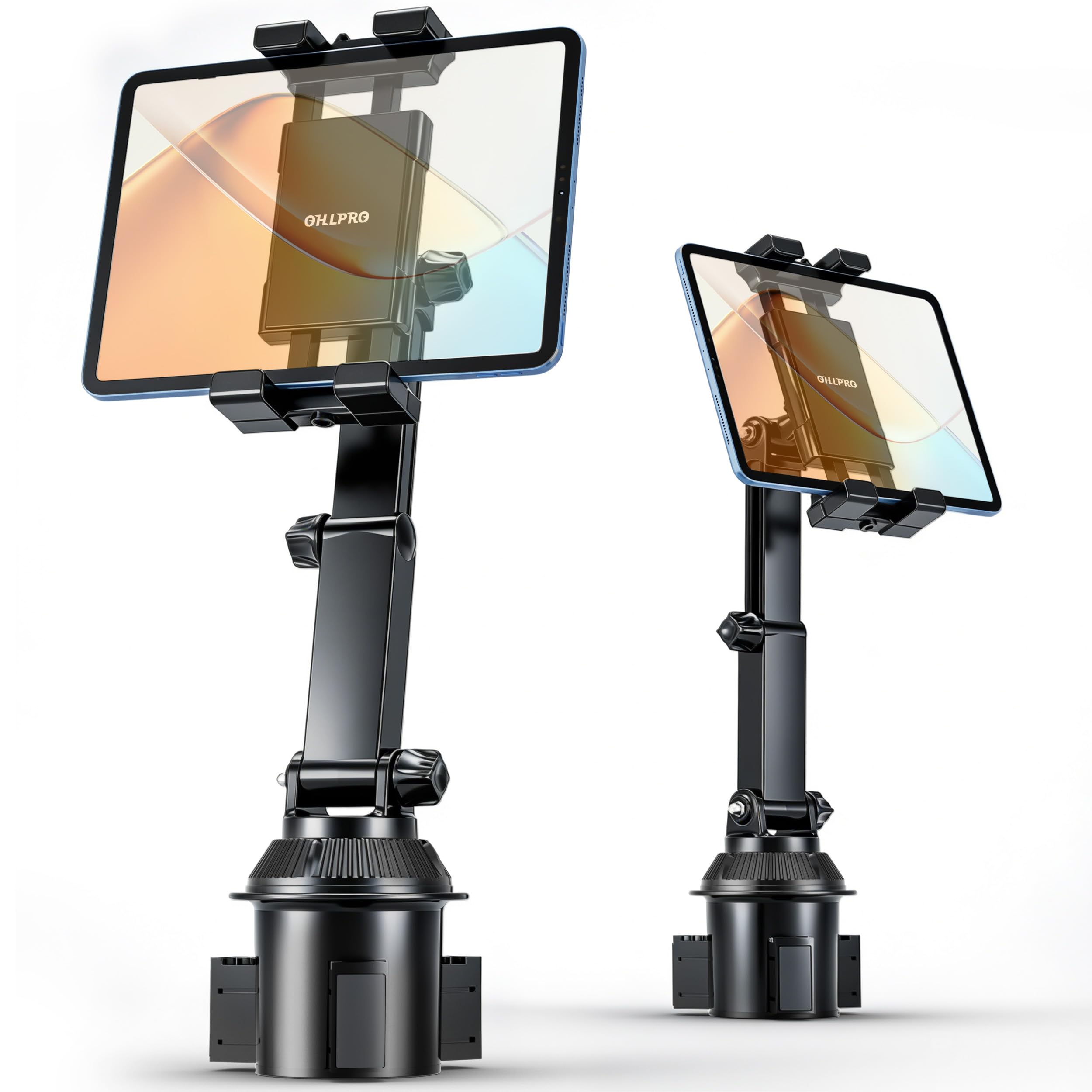 OHLPRO Support de tablette pour voiture, compatible avec iPad de 5 à 17 ", tablettes Samsung, porte-gobelet de voiture avec bras pivotant réglable et flexible, accessoire de voiture pour road trips