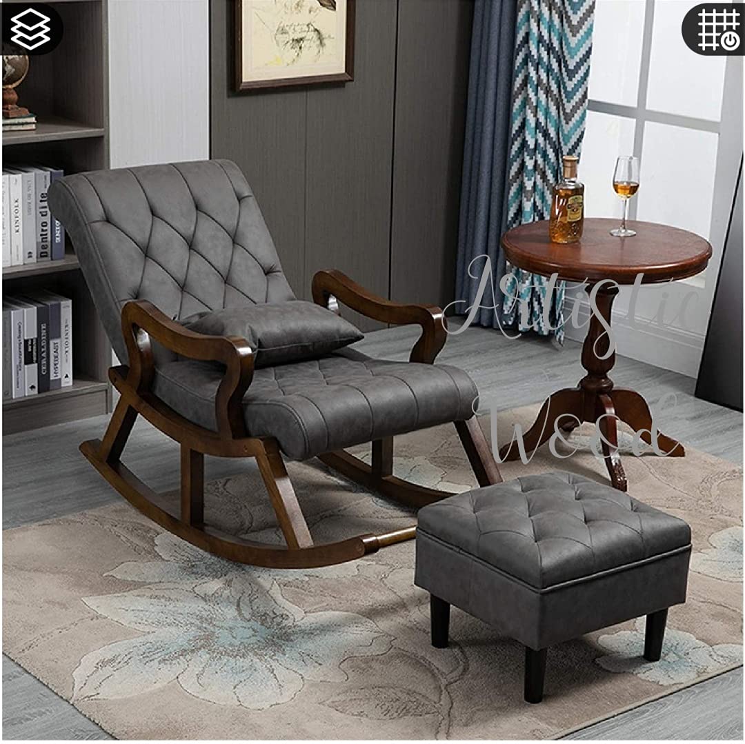 Artistic Wood Teak Wood Traditional Rocking Tropical Comfortable Rocking Chair with Footrest in Swed Grey Fabric