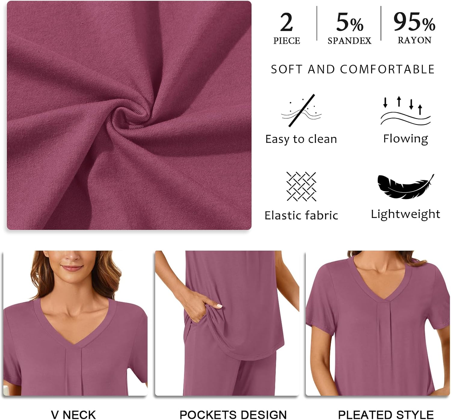 Bestbee Women's Pajama Sets 2 Piece Lounge Outfits Summer Sleepwear V Neck Short Sleeve Capri Pant With Pockets Ladies Pjs - Image 5