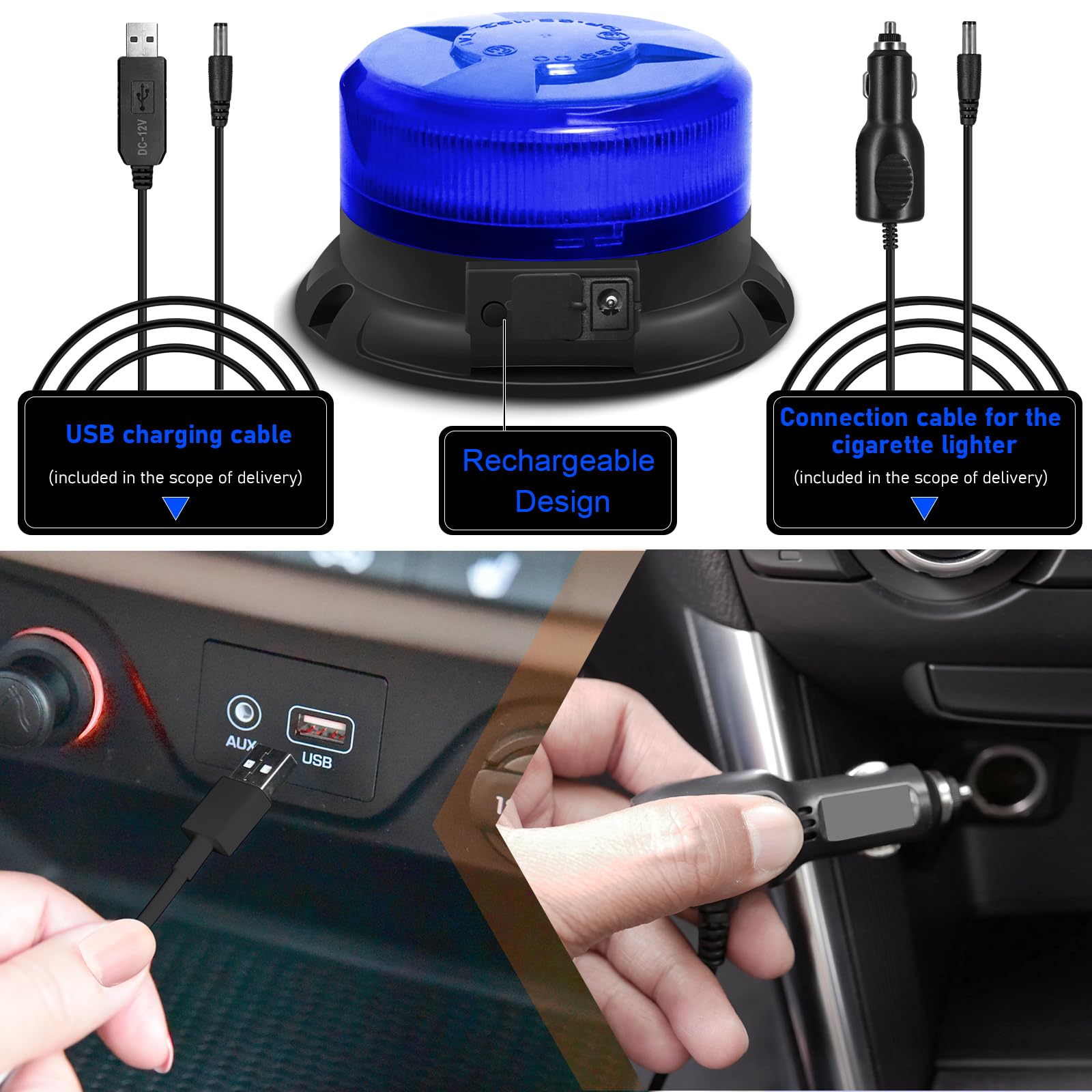 Dinfu Bezprzewodowy reflektor LED 12 V, 9 trybów stroboskopu z akumulatorem, kabel do ładowania, do pojazdów, policji, traktora golfowego, UTV, autobusów samochodowych