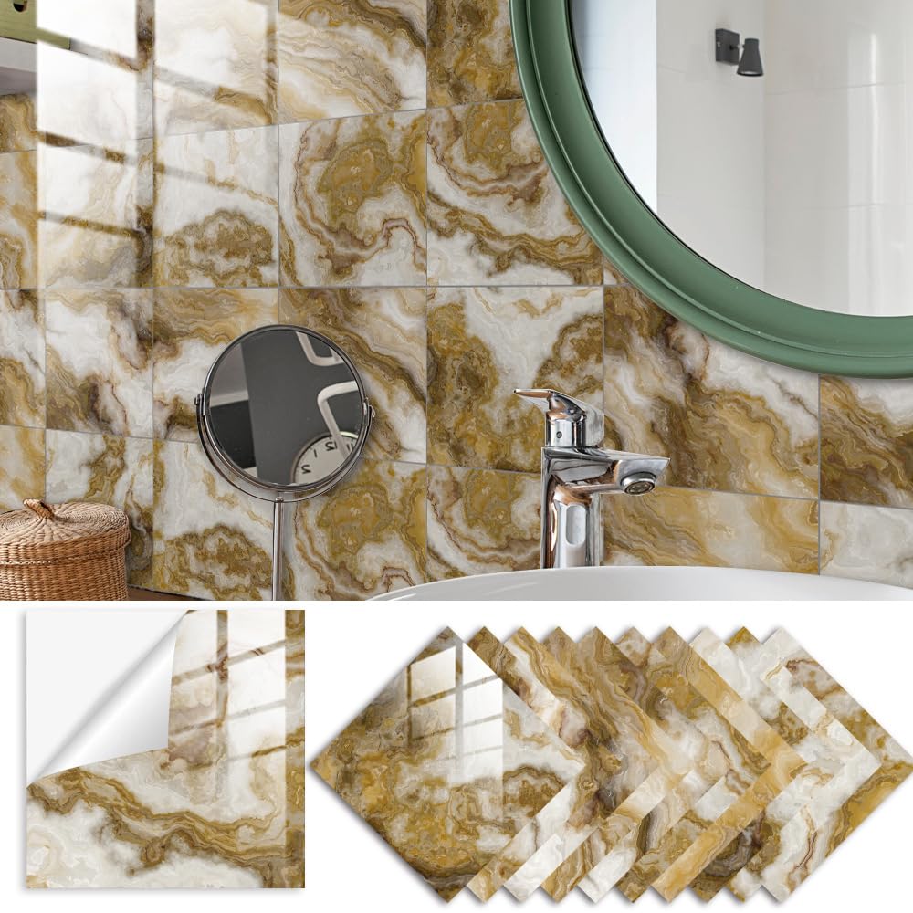 LMYSXAOZ 20 Self-Adhesive Wall Tiles, Peel & Stick DIY Floor Marble (20x20cm, Golden Marble) for Kitchen Bathroom