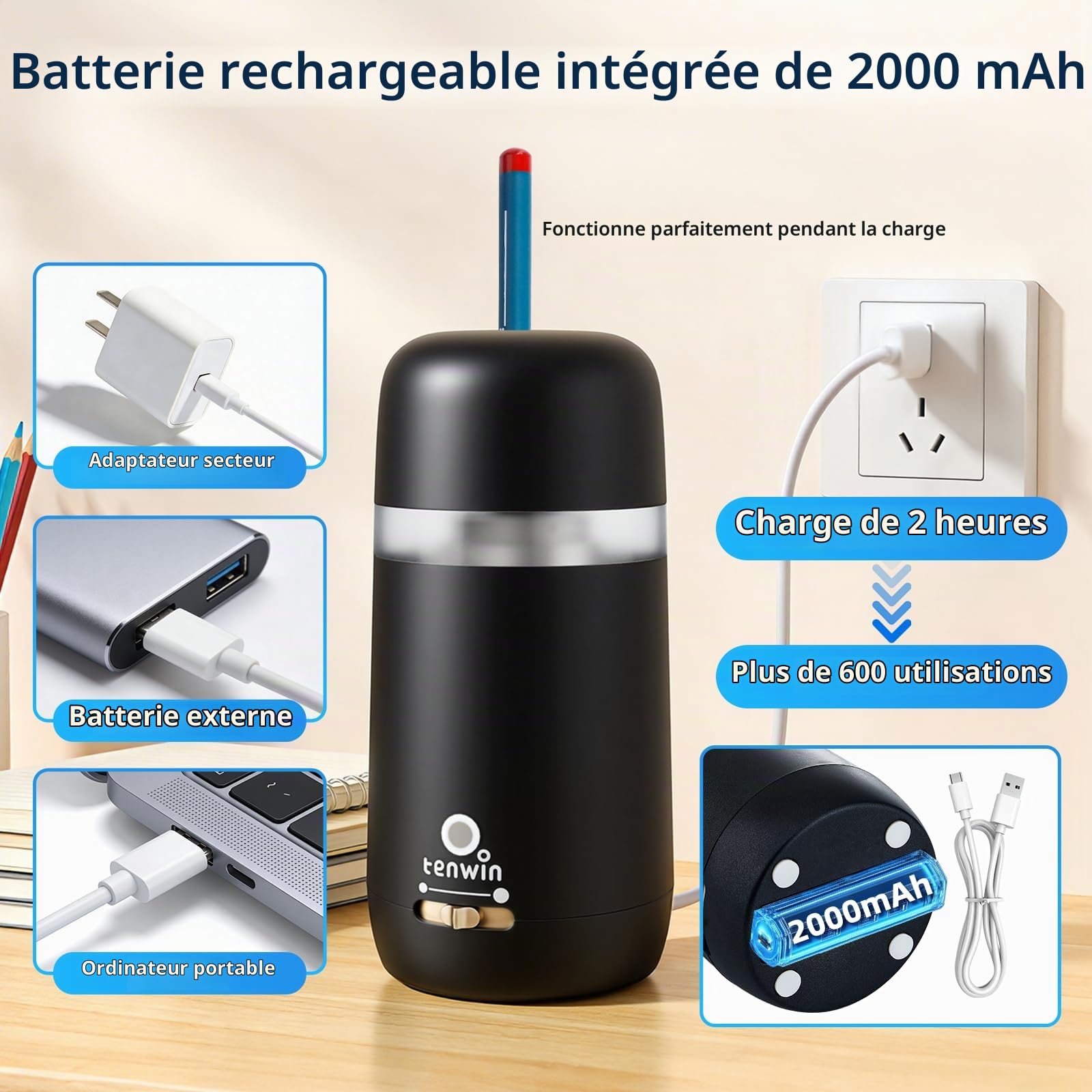 tenwin Taille-crayon électrique entièrement automatique, rechargeable et portable, taille rapide des crayons et crayons de couleur de 7 à 12 mm, idéal pour la maison, le bureau et l'école (noir)