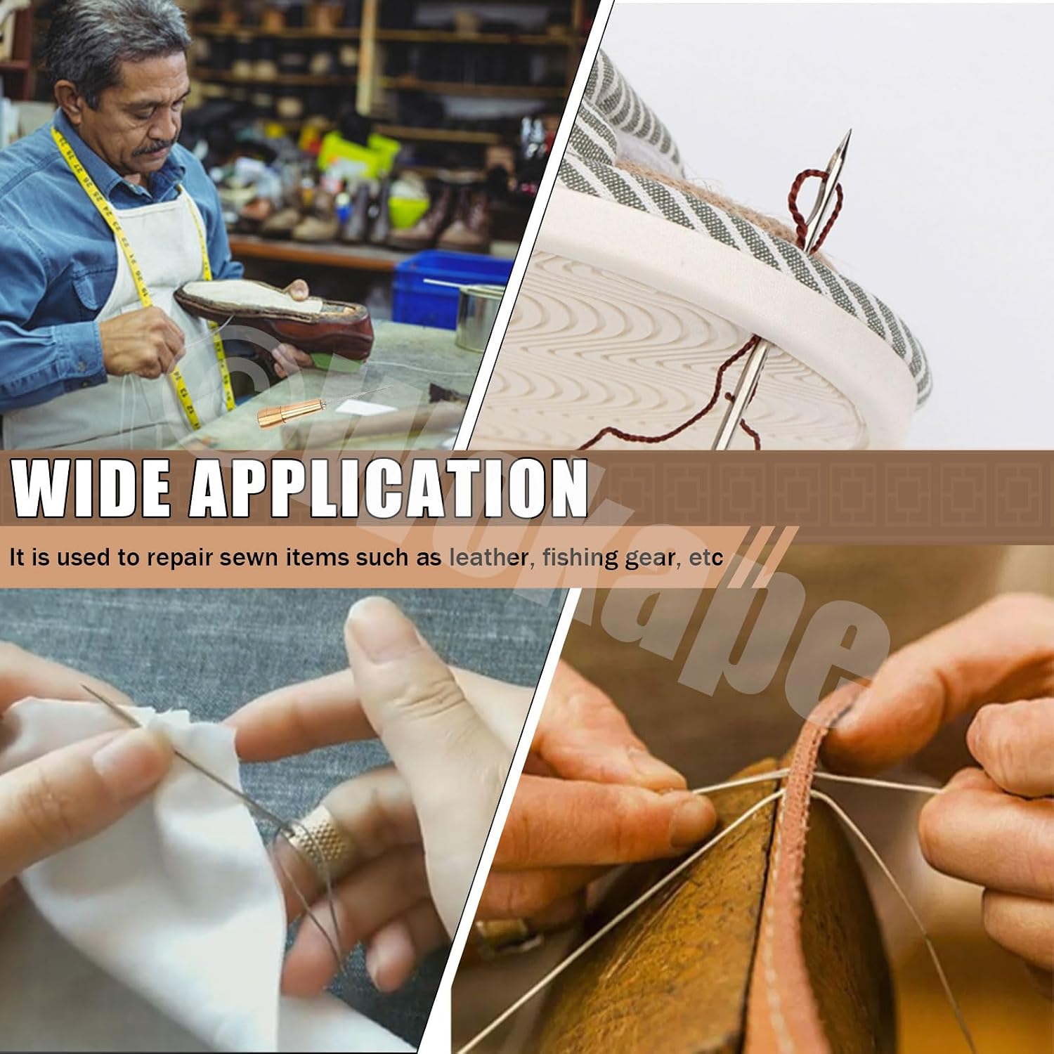 Wokape 19Pcs Canvas Leather Sewing Awl Needles Assortment Kit Contains Straight and Curved Needles, 3 Colors 50m Waxed Nylon Cord Threads with Coils, Copper Handle, Thimbles for DIY, Leather Repair