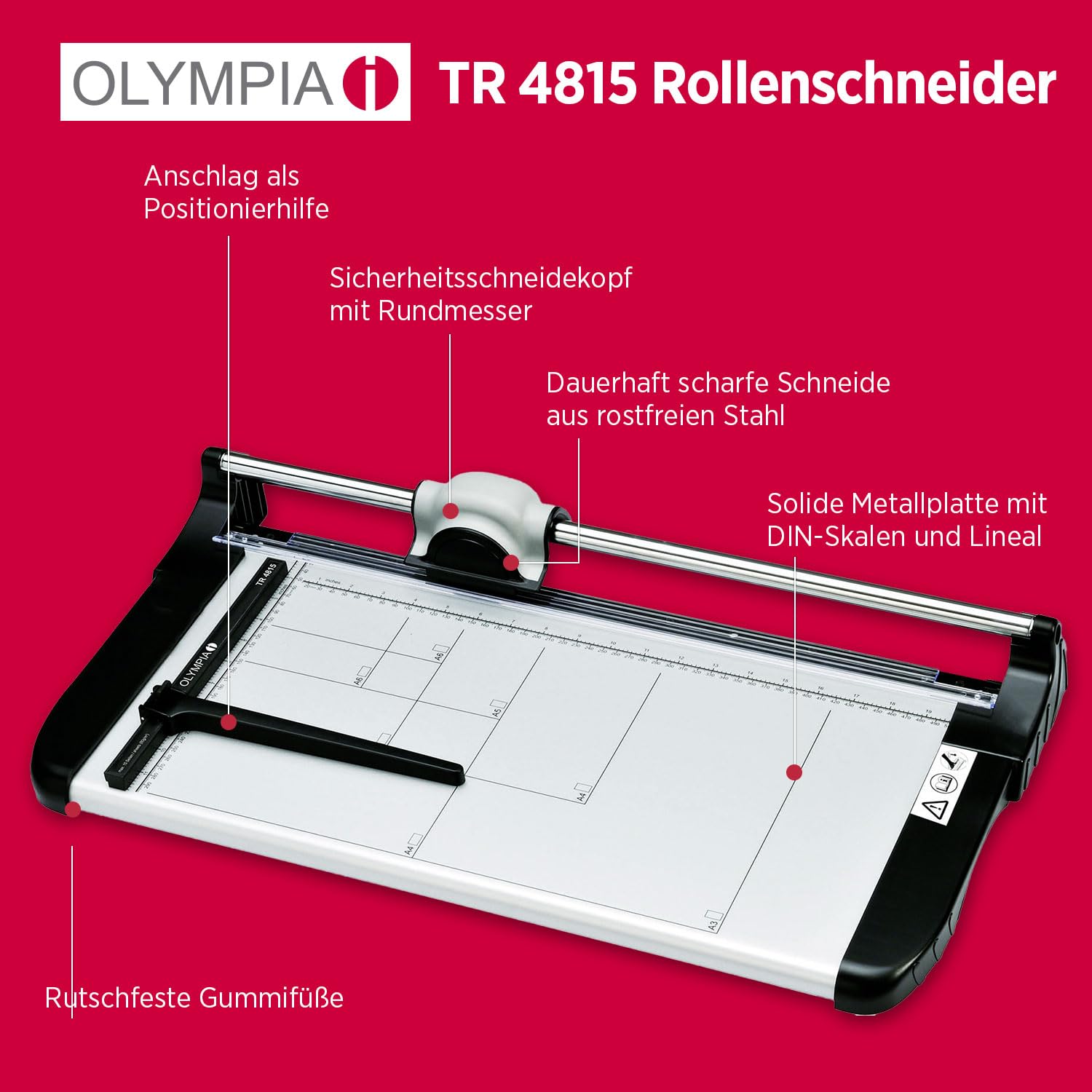 Olympia TR 4815 Profi Rollenschneidegerät | Papierschneider A3 | 15 Blätter | Schneidemaschine Papier | 480mm Arbeitsbreite | Sicherheitsschneidekopf mit Rundmesser | Papierschneidemaschine | Silber