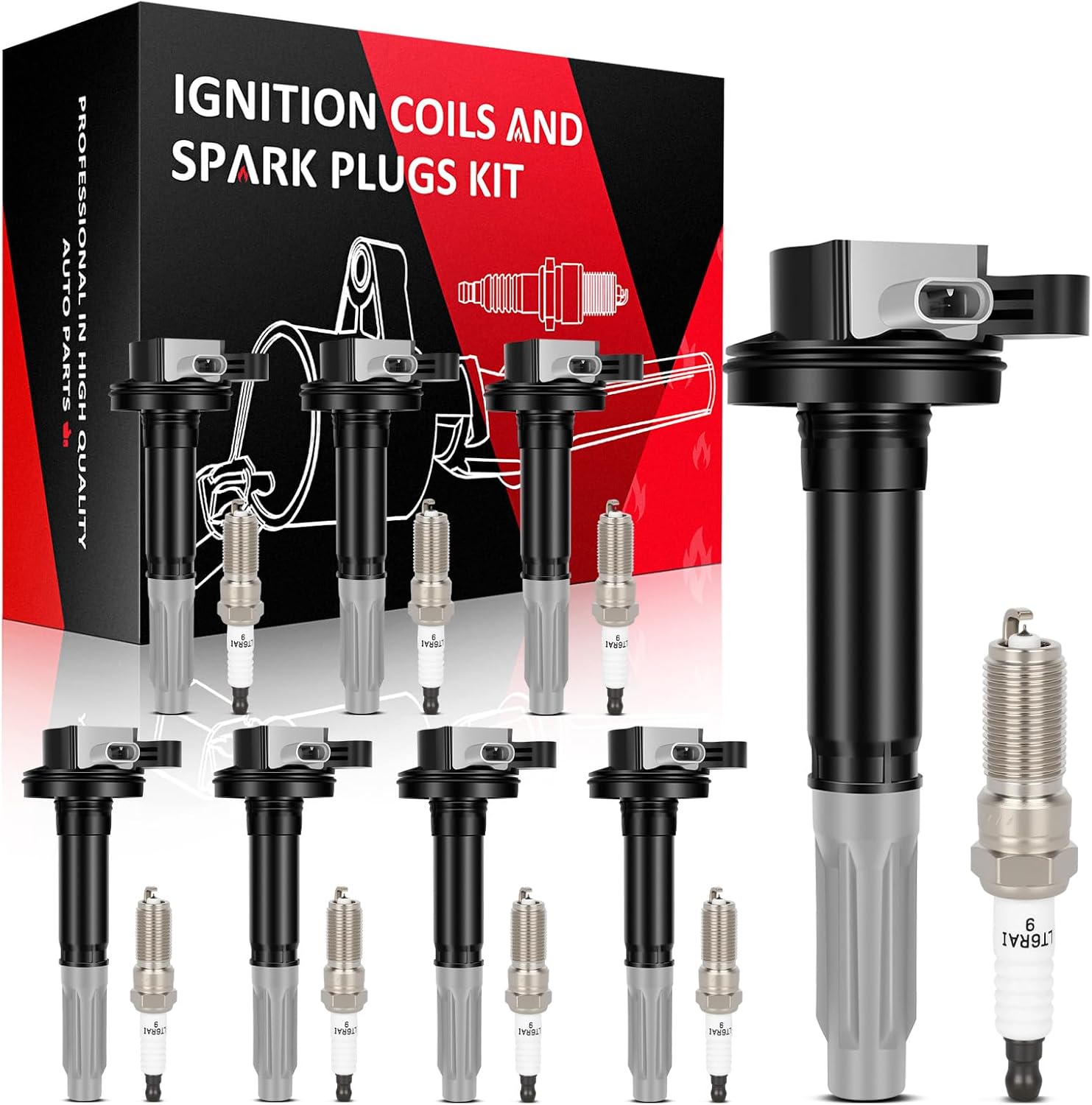 SCITOO 8 ignition coils + 8 iridium Spark Plugs 2015-2016 for Mustang 5.2L L4 DG558 UF780