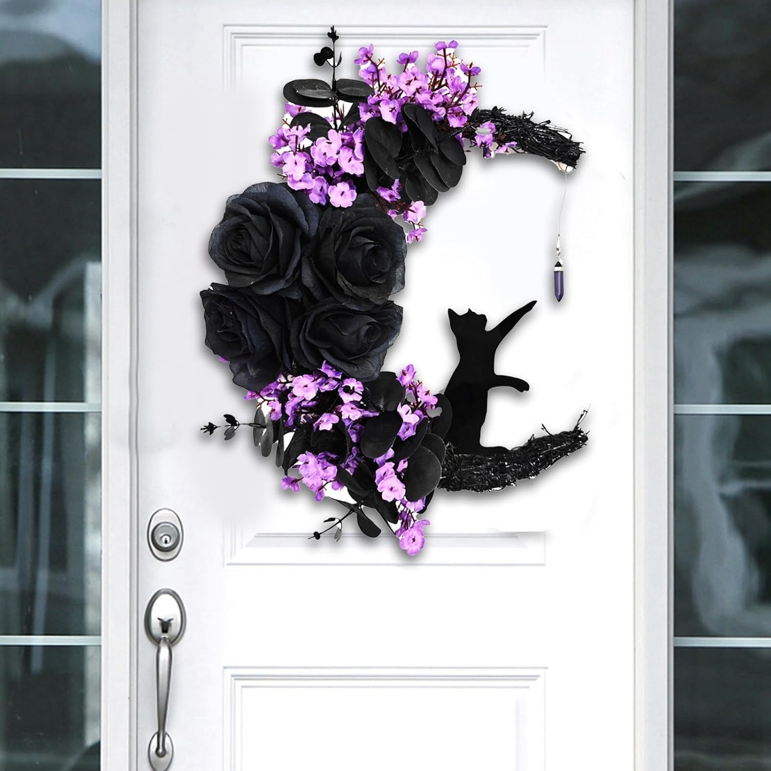 Halloween Wreath, Artificial Unique Black Cat Garland with Purple Flowers Halloween Door Wreath,Fall Halloween Decorations for Home Window Indoor Porch Outdoor Wall Farmhouse Ornaments