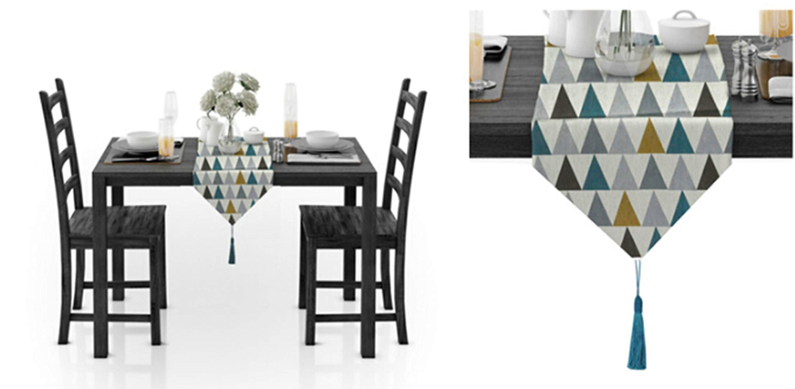 Aeici Camino de mesa de comedor de algodón, diseño de triángulo, camino de mesa de comedor, 30,4 x 188,8 cm, lavable, para mesa de comedor, color azul y gris