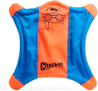 Chuckit! Flying Squirrel Fetch Toy for Medium Dogs - Floats in Water, Aerodynamic Glider, Durable Canvas 9.5 Inch Orange Blue