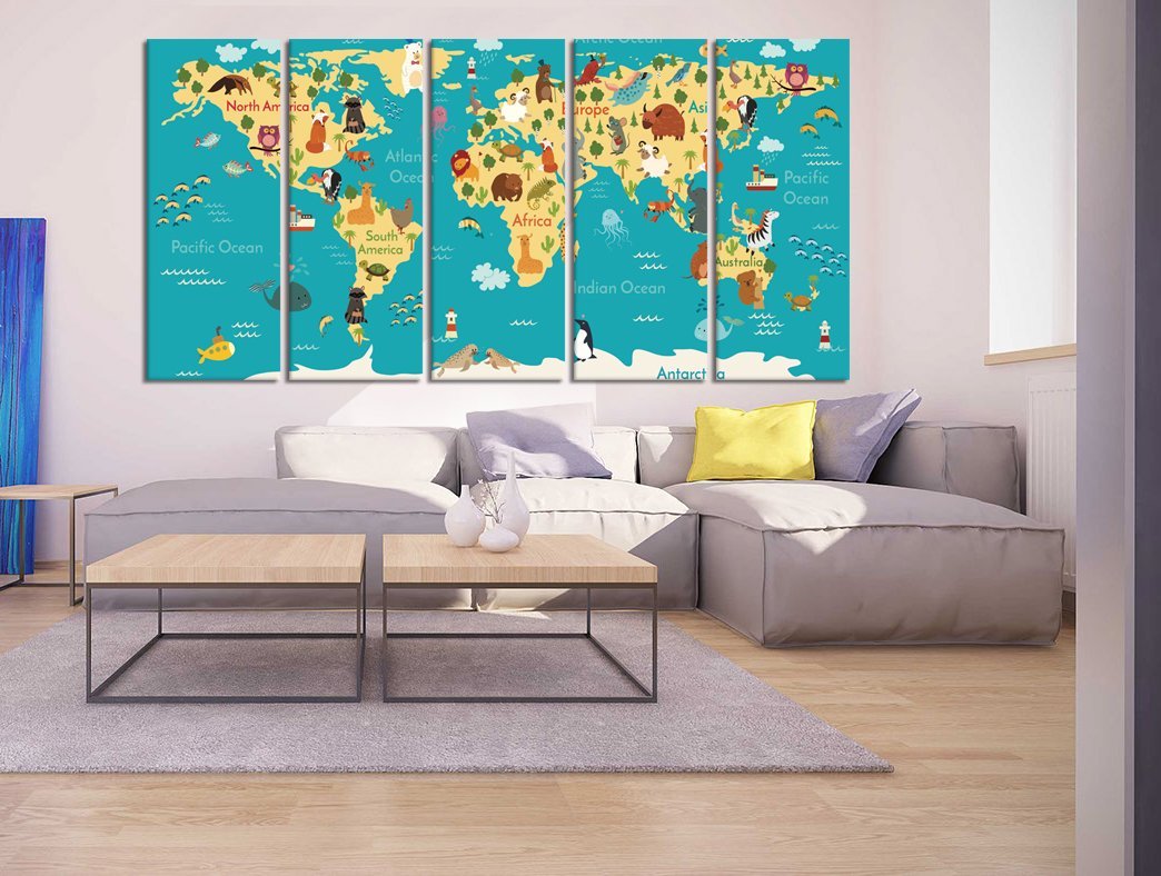 multi panel World Map nursery wall art, world map with