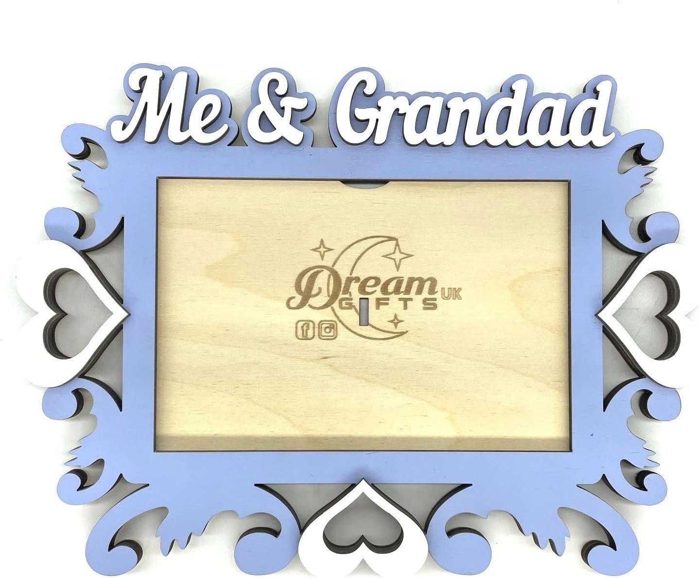 Me & Grandad Baby Hand Made Wooden Photo Frame Gift for Tabletop or Wall - Hearts (Lilac Blue)