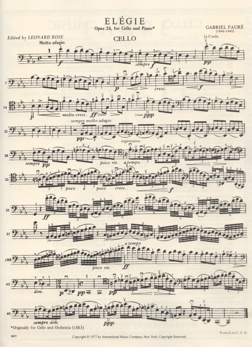 Faure, Gabriel - Elegy, Op. 24 - Cello and Piano - edited by Leonard Rose - International Edition      Sheet music