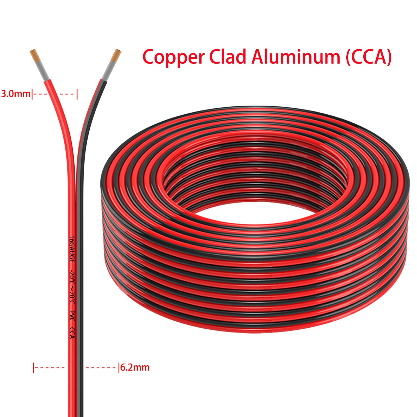 16 Gauge 2 Conductors 30FT Electrical Wire, Red Black Cable, Flexible Low Voltage PVC Copper Clad Aluminum Extension Cord for Car Speaker Wire, LED Wire,Lamps Lighting,Residential Wiring 12V/24V DC.