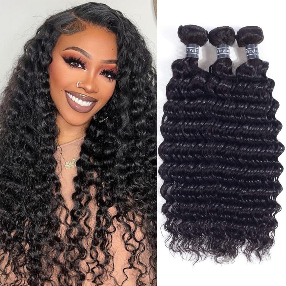 Amella Hair 8A Grade Brazilian Deep Wave Human Hair 3 Bundles 18 20 22 Inch 100% Uprocessed Deep Wave Curly Human Hair Natural Color